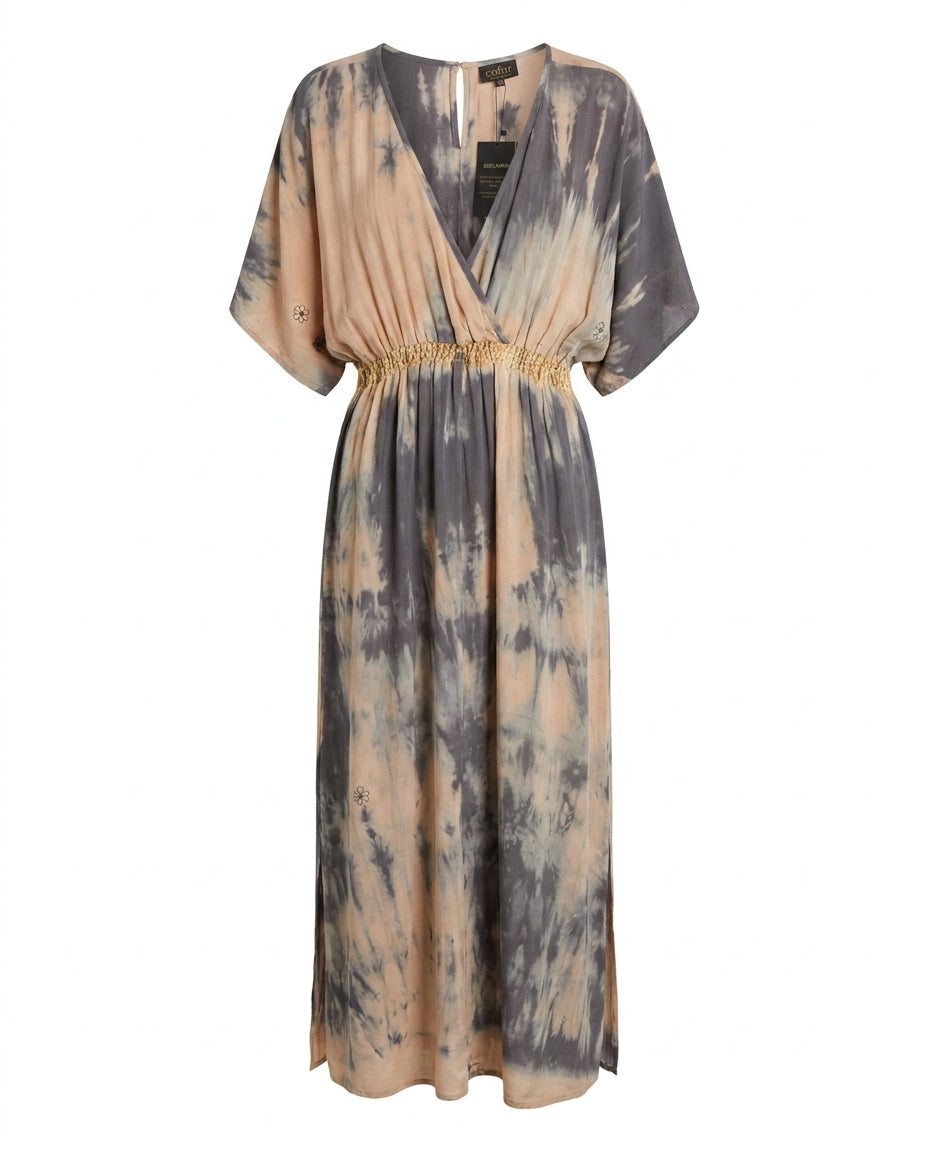 Cofur 'Bali' Silk Wrap Dress – Storm Grey & Peach – front view
