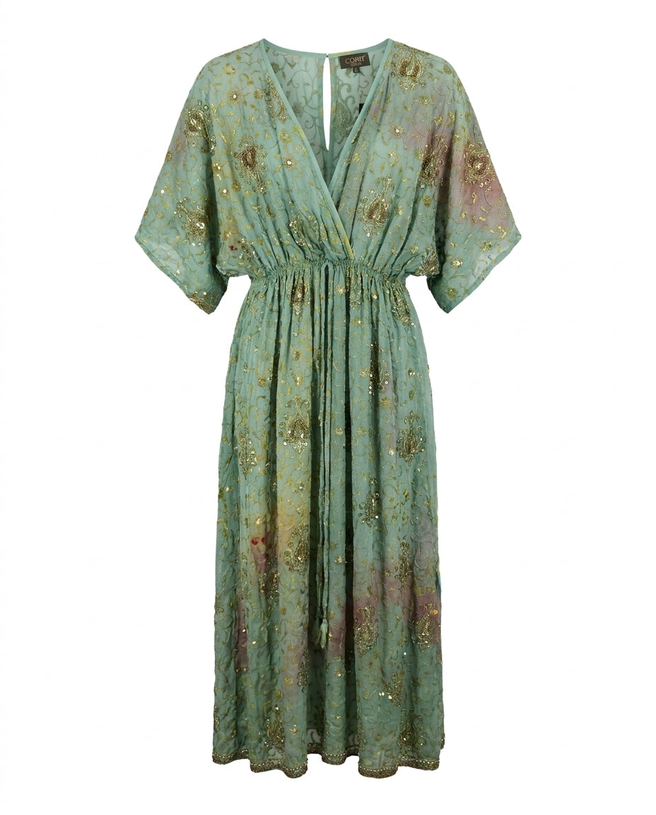Cofur 'Bali' Silk Wrap Dress – Turquoise & Coral – front view