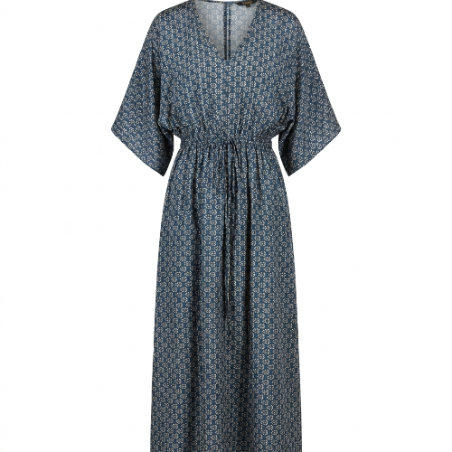 COFUR long drawstring dress in slate blue with a small delicate print, made from an upcycled vintage sari