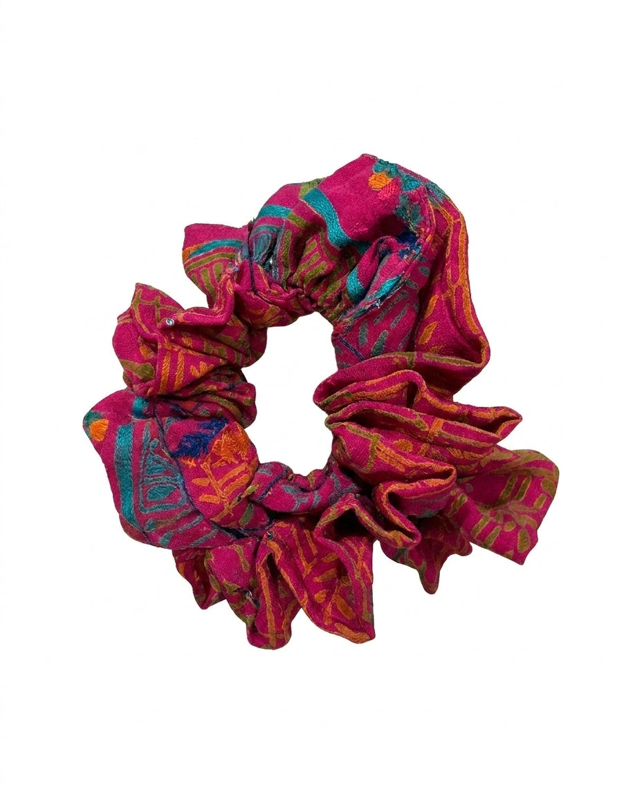 Cofur Embroidered Silk Scrunchie – Fuchsia – front view