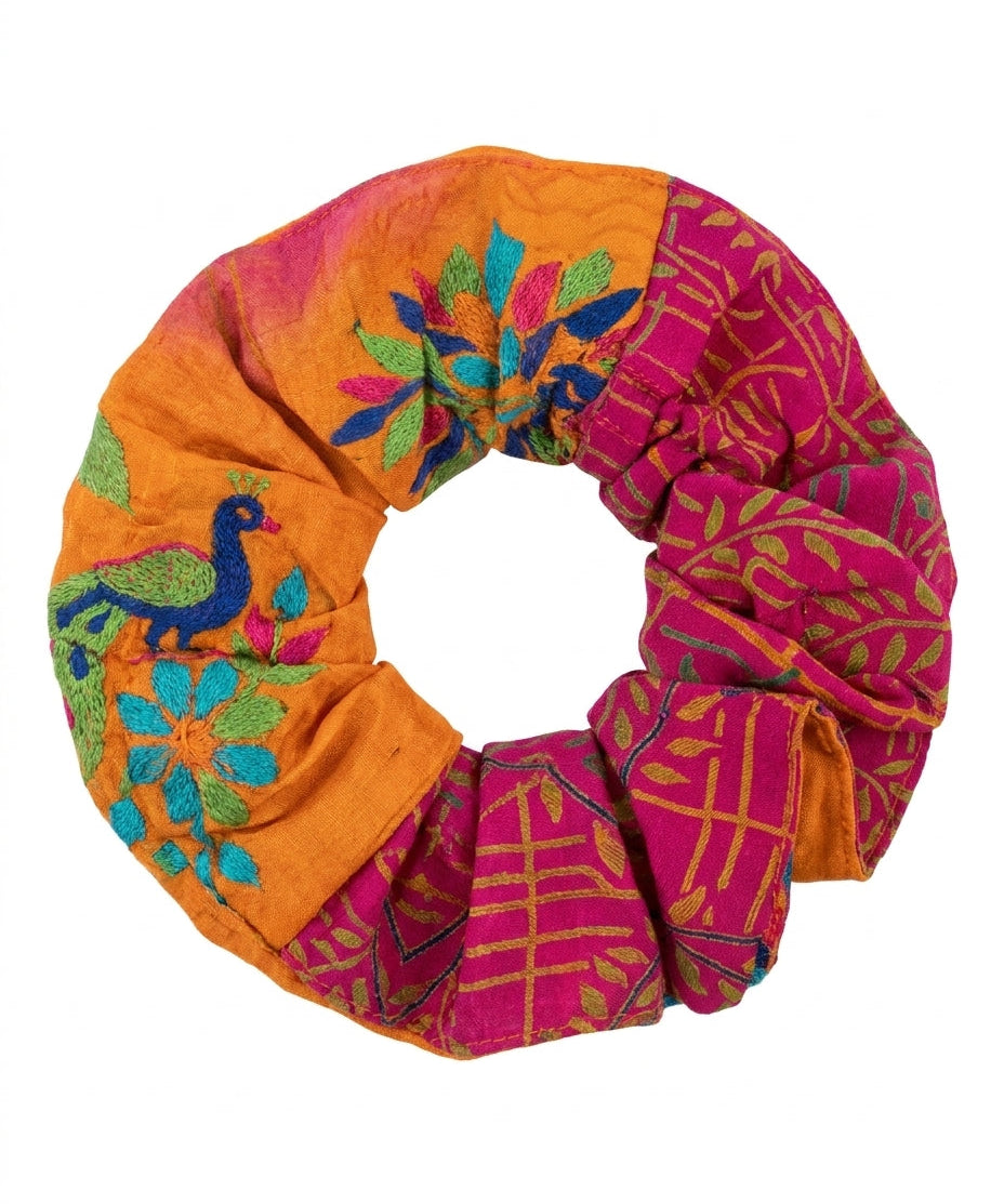 Cofur Embroidered Silk Scrunchie – Orange & Fuchsia – front view