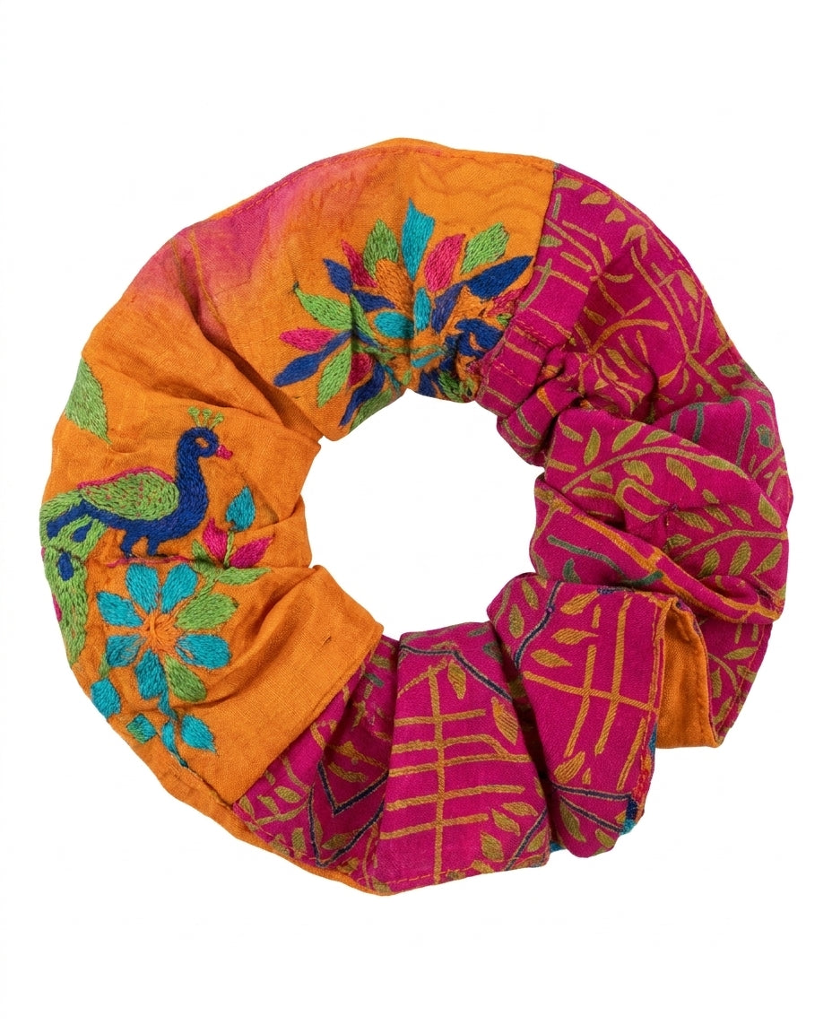 Cofur Embroidered Silk Scrunchie – Orange & Fuchsia – front view