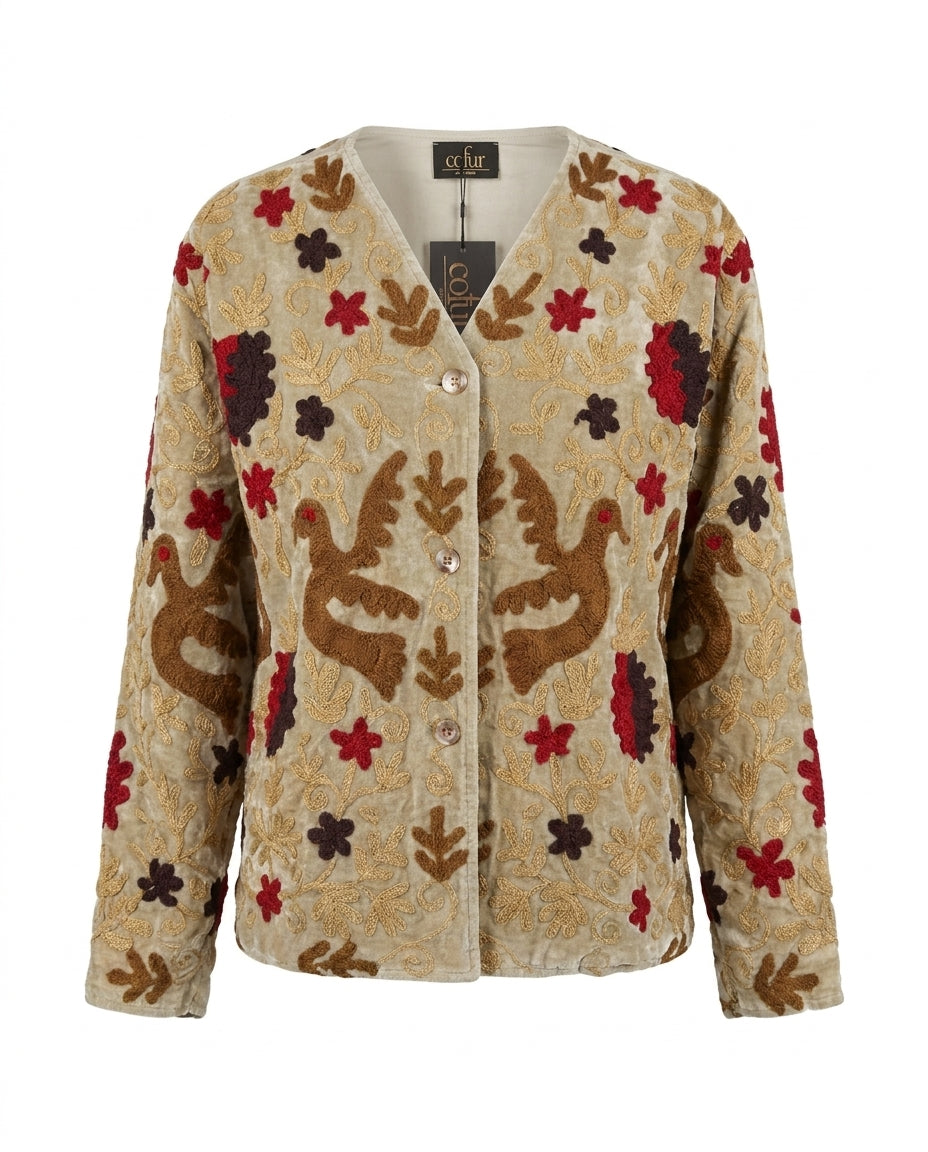 Cofur Embroidered Velvet Jacket – Sand – front view