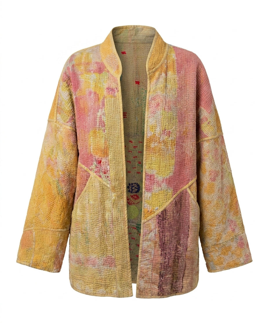 Cofur Kantha Jacket – Apricot & Pale Pink – front view