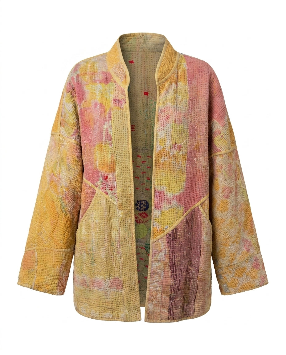 Cofur Kantha Jacket – Apricot & Pale Pink – front view