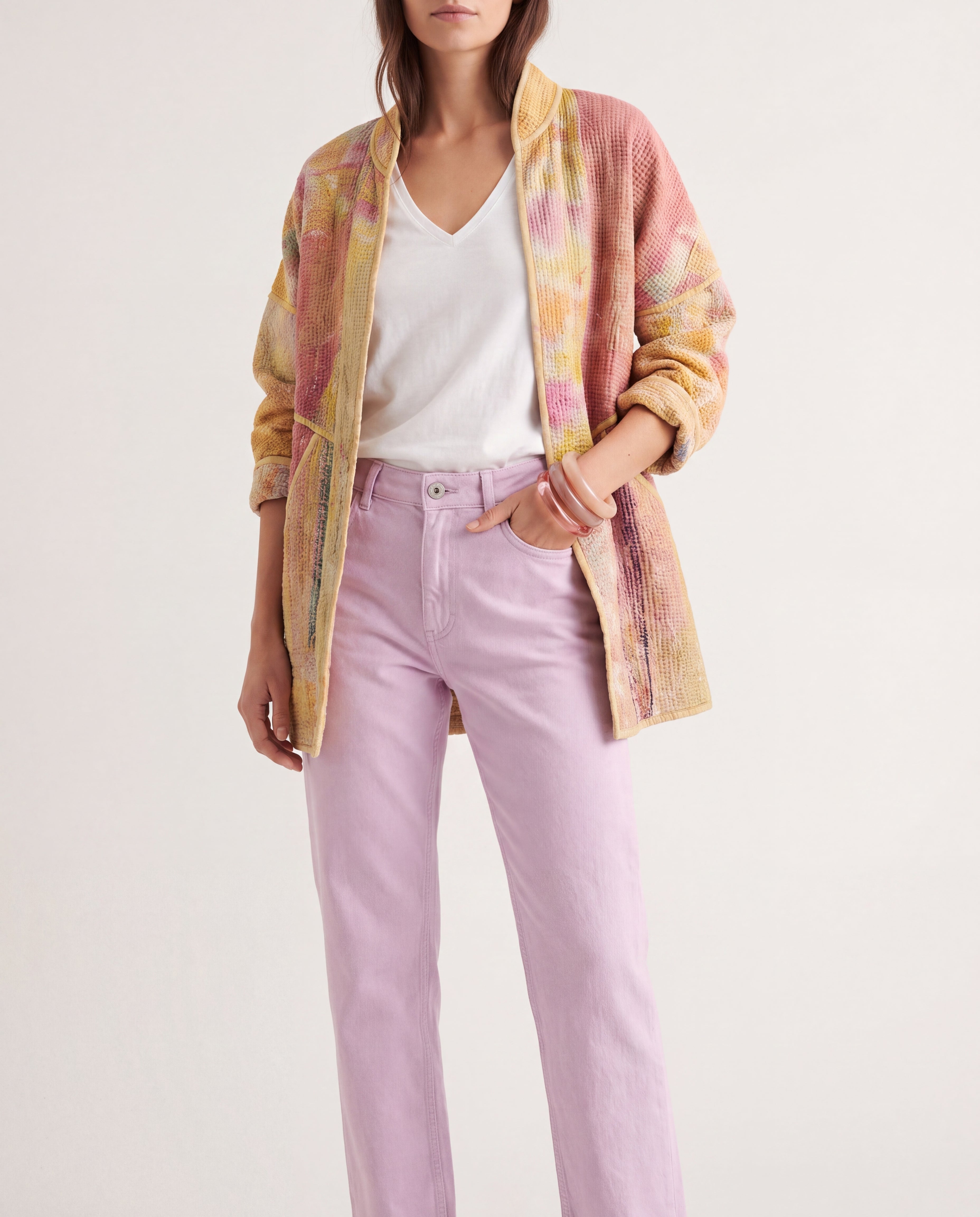 Cofur Kantha Jacket – Apricot & Pale Pink – worn