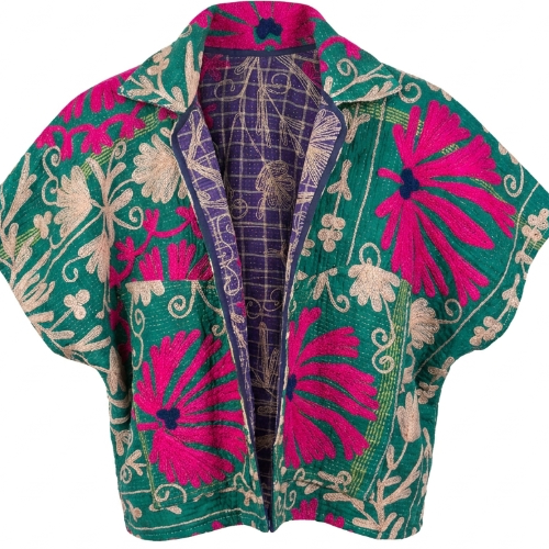 COFUR boxy kantha jacket in emerald green with oversized pink and cream flowers and a patterned lining