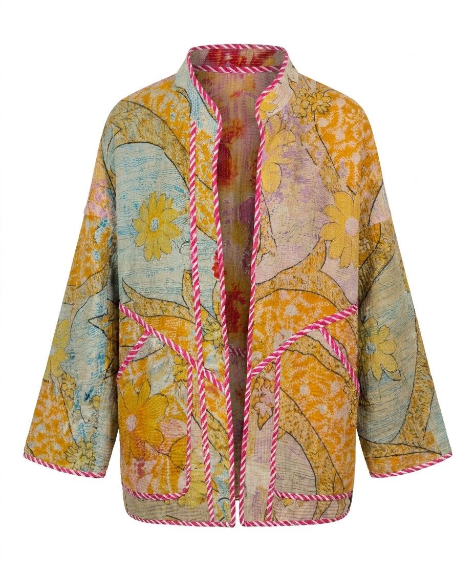 Cofur Kantha Jacket – Saffron & Turquoise – front view