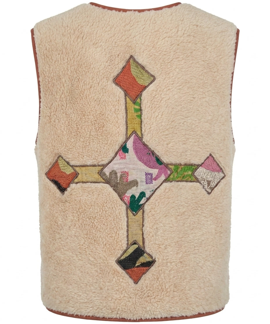 Cofur Kantha Sherpa Gilet – Ecru & Ochre – back view