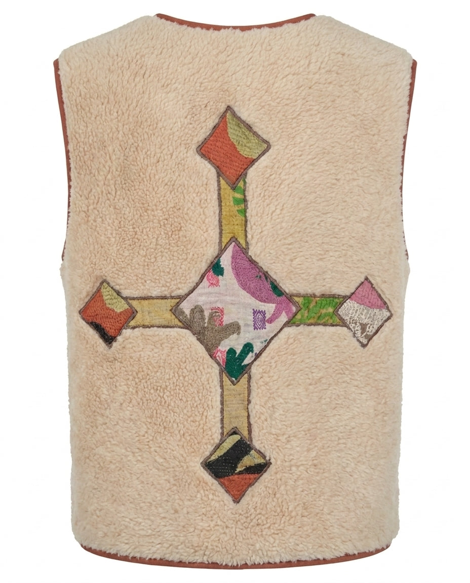 Cofur Kantha Sherpa Gilet – Ecru & Ochre – back view