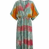 COFUR kimono-sleeve maxi dress in turquoise tie-dye with orange and coral bands, made from an upcycled vintage sari