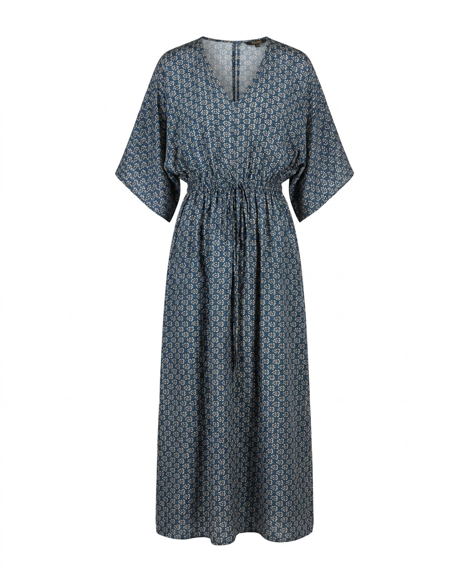 Cofur 'Lombock' Silk Kaftan Dress – Indigo & Ecru – front view
