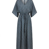 Cofur 'Lombock' Silk Kaftan Dress – Indigo & Ecru – front view