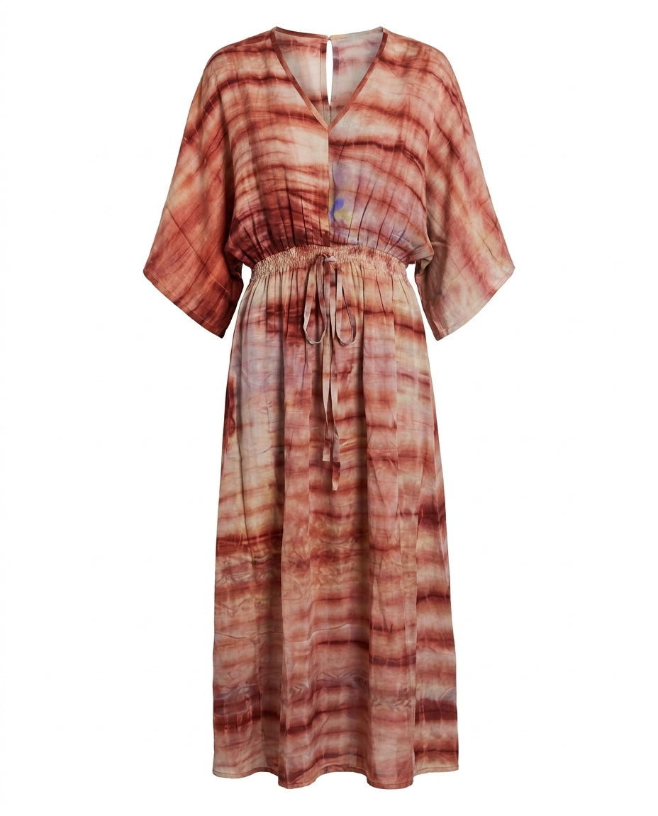 Cofur 'Lombock' Silk Kaftan Dress – Terracotta & Pink – front view