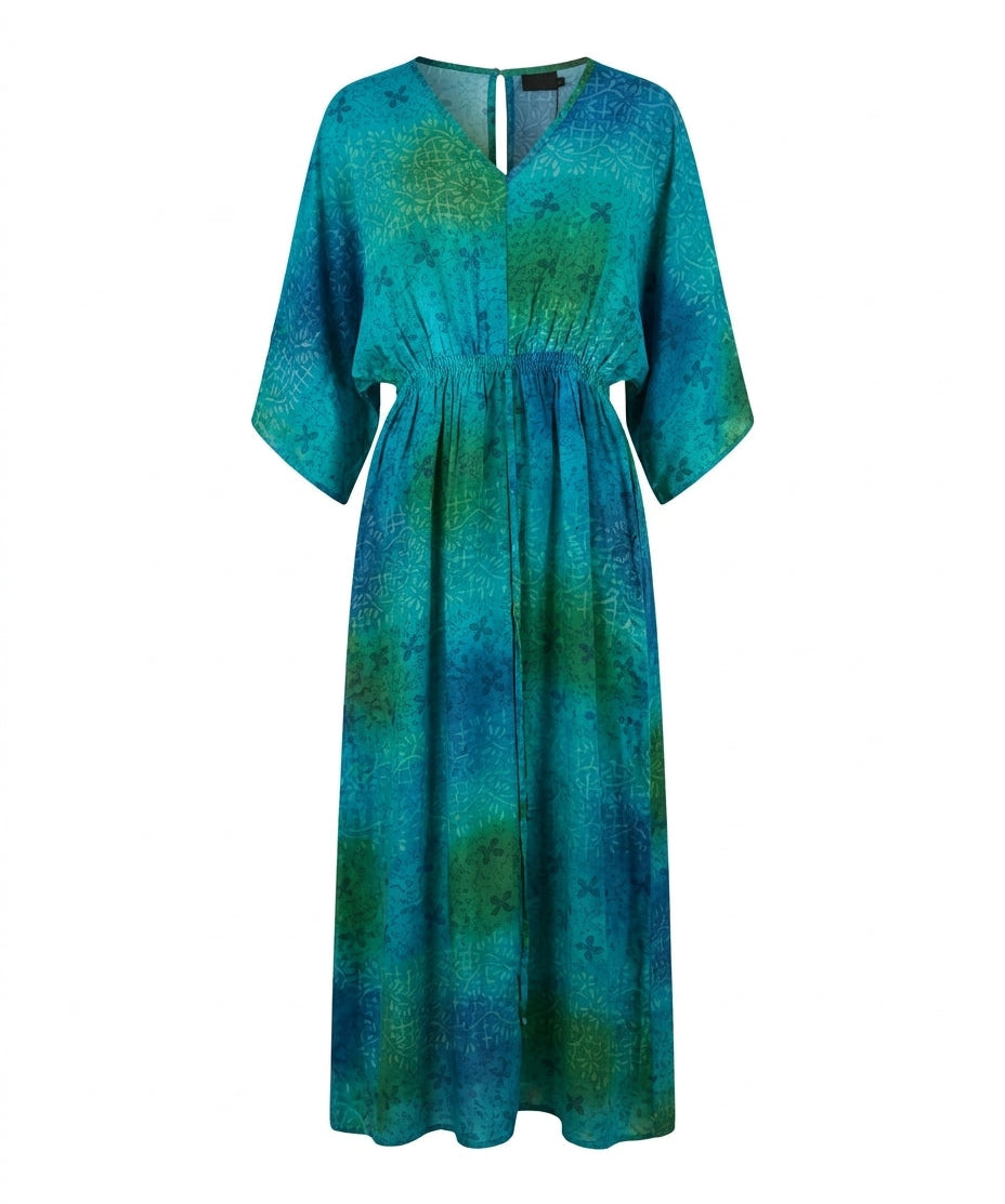 Cofur 'Lombock' Silk Kaftan Dress – Turquoise & Green – front view