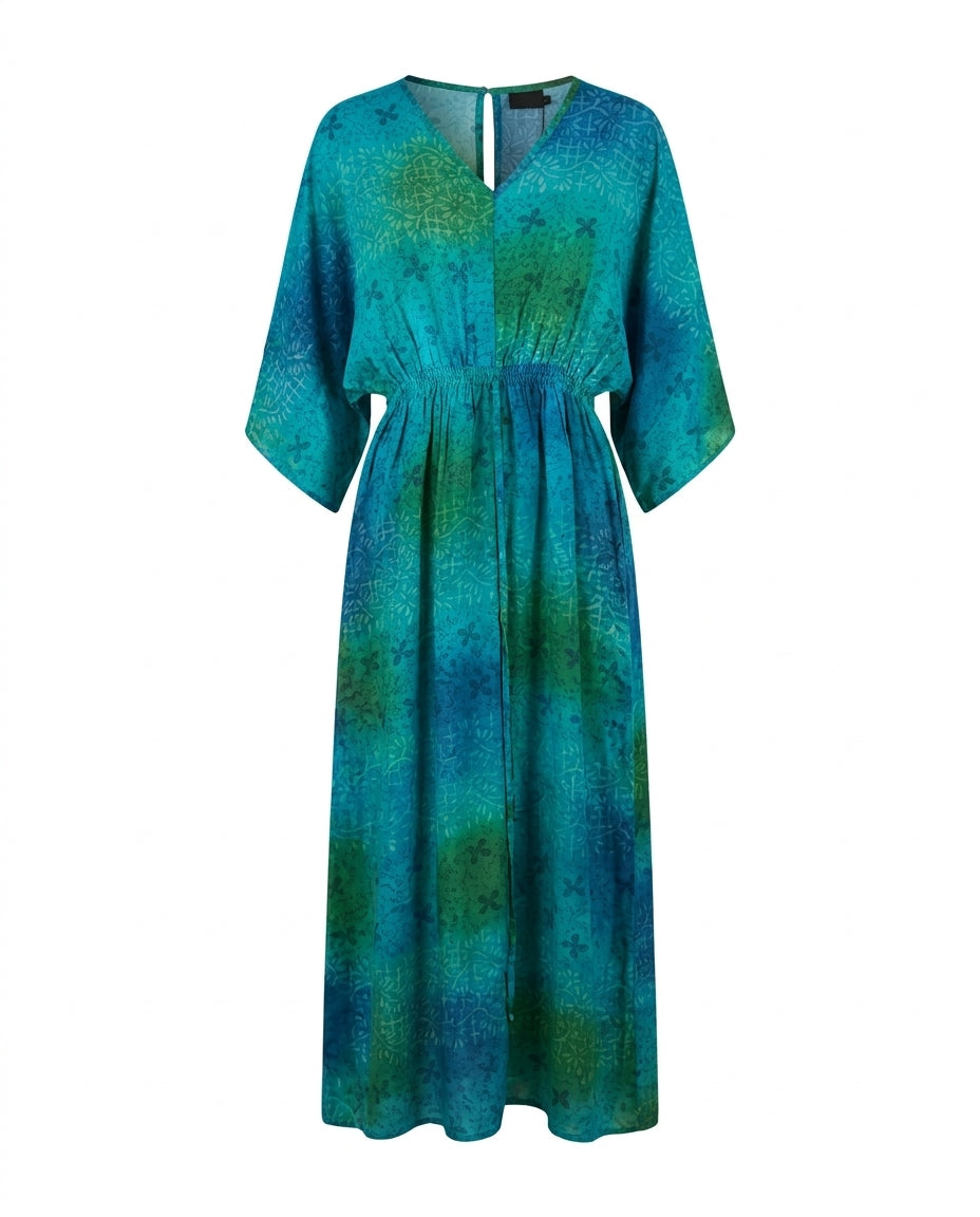 Cofur 'Lombock' Silk Kaftan Dress – Turquoise & Green – front view