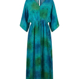 Cofur 'Lombock' Silk Kaftan Dress – Turquoise & Green – front view