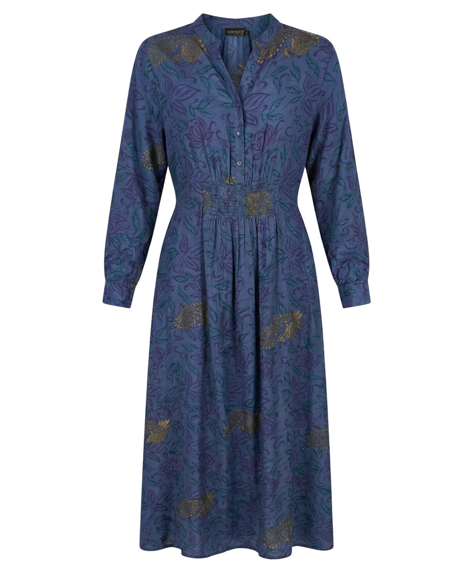 Cofur 'Manhattan' Silk Shirt Dress – Indigo & Gold – front view