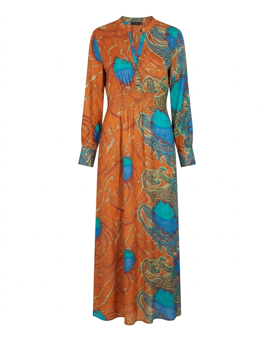 Cofur 'Manhattan' Silk Shirt Dress – Orange & Turquoise – front view