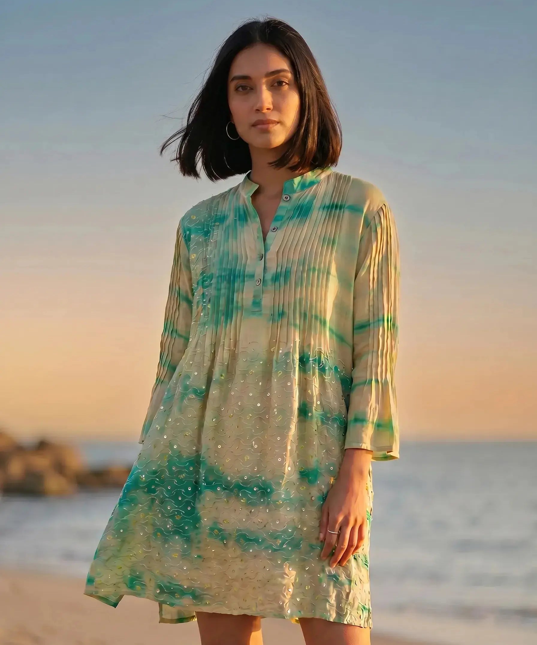 One of a Kind Silk City Dress in Turquoise - hand-dyed vintage silk sari dress by Cofur, La Muse Geneva