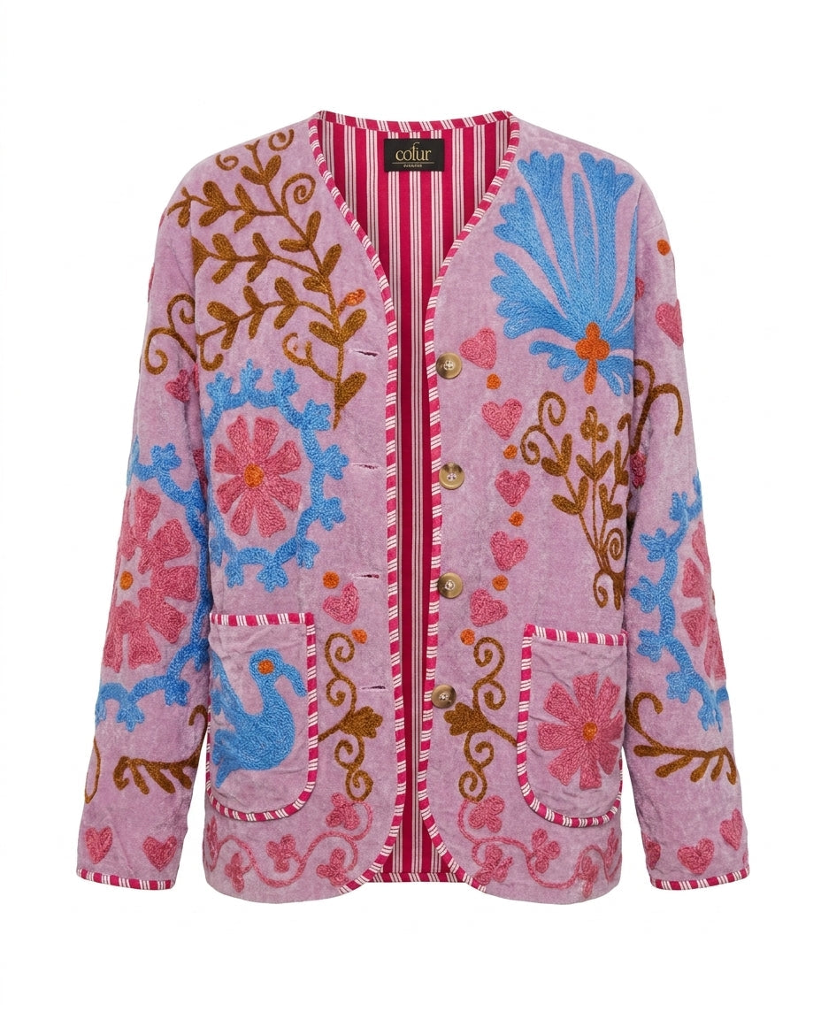 Cofur 'Peace' Embroidered Velvet Jacket – Lilac – front view