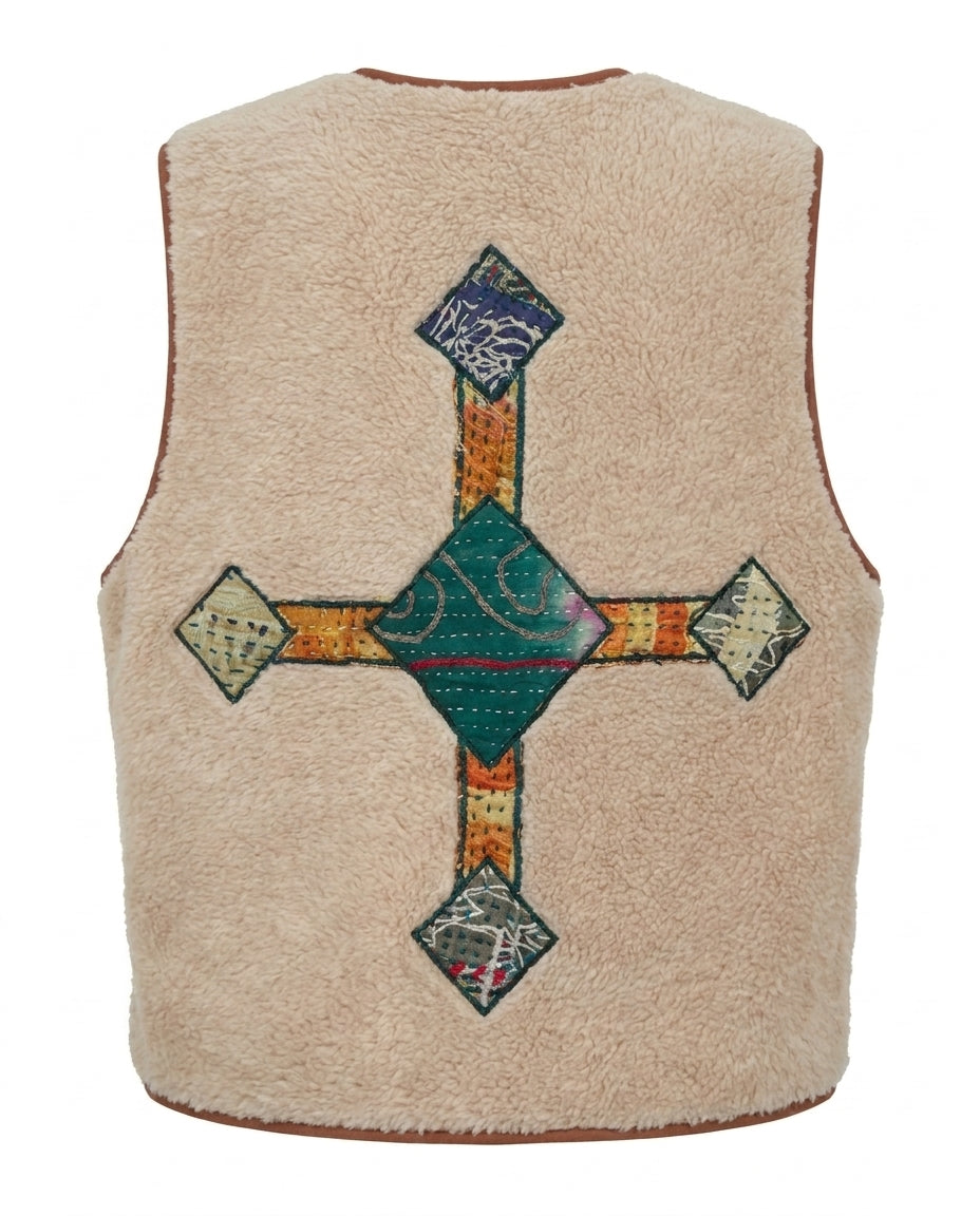 Cofur Sequin Sherpa Gilet – Ecru & Emerald – back view