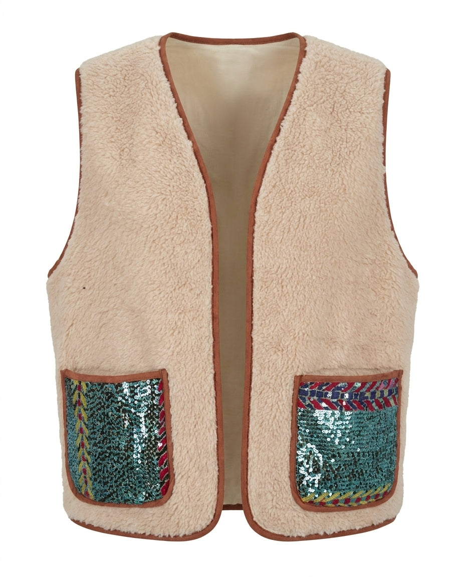 Cofur Sequin Sherpa Gilet – Ecru & Emerald – front view