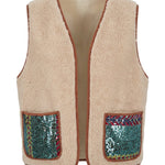 Cofur Sequin Sherpa Gilet – Ecru & Emerald – front view