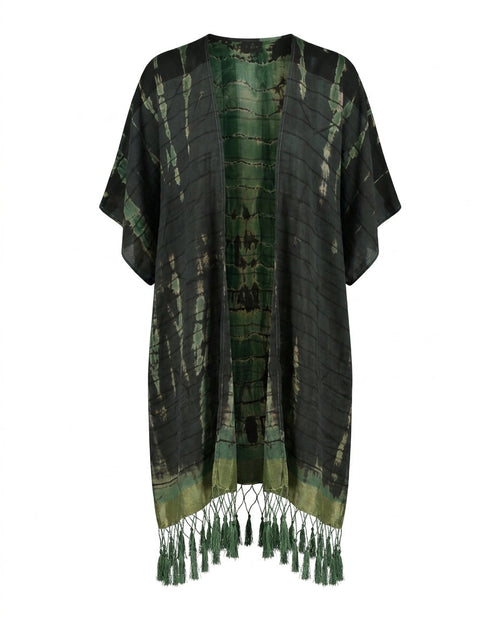Cofur Silk Pompom Fringe Kimono – Fir Green & Gold