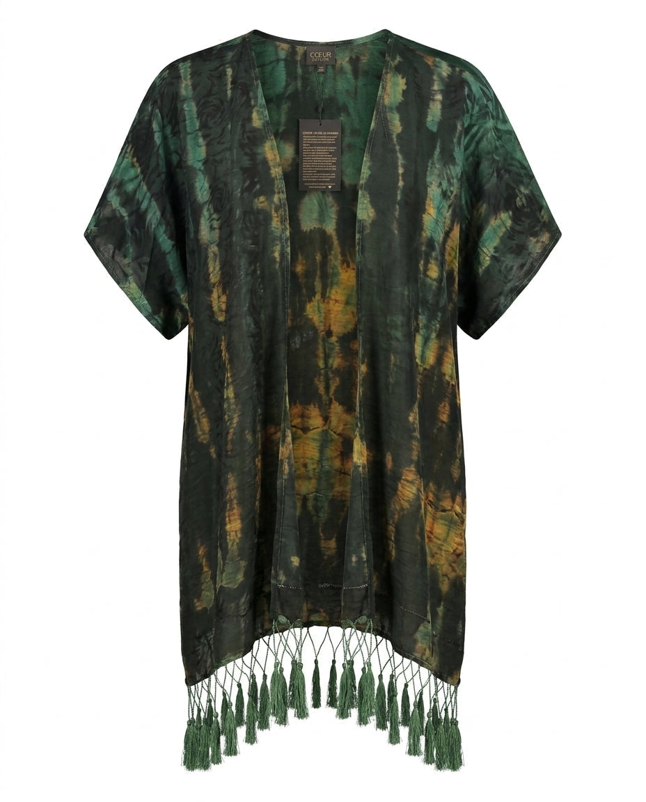 Cofur Silk Pompom Fringe Kimono – Khaki & Rust – detail