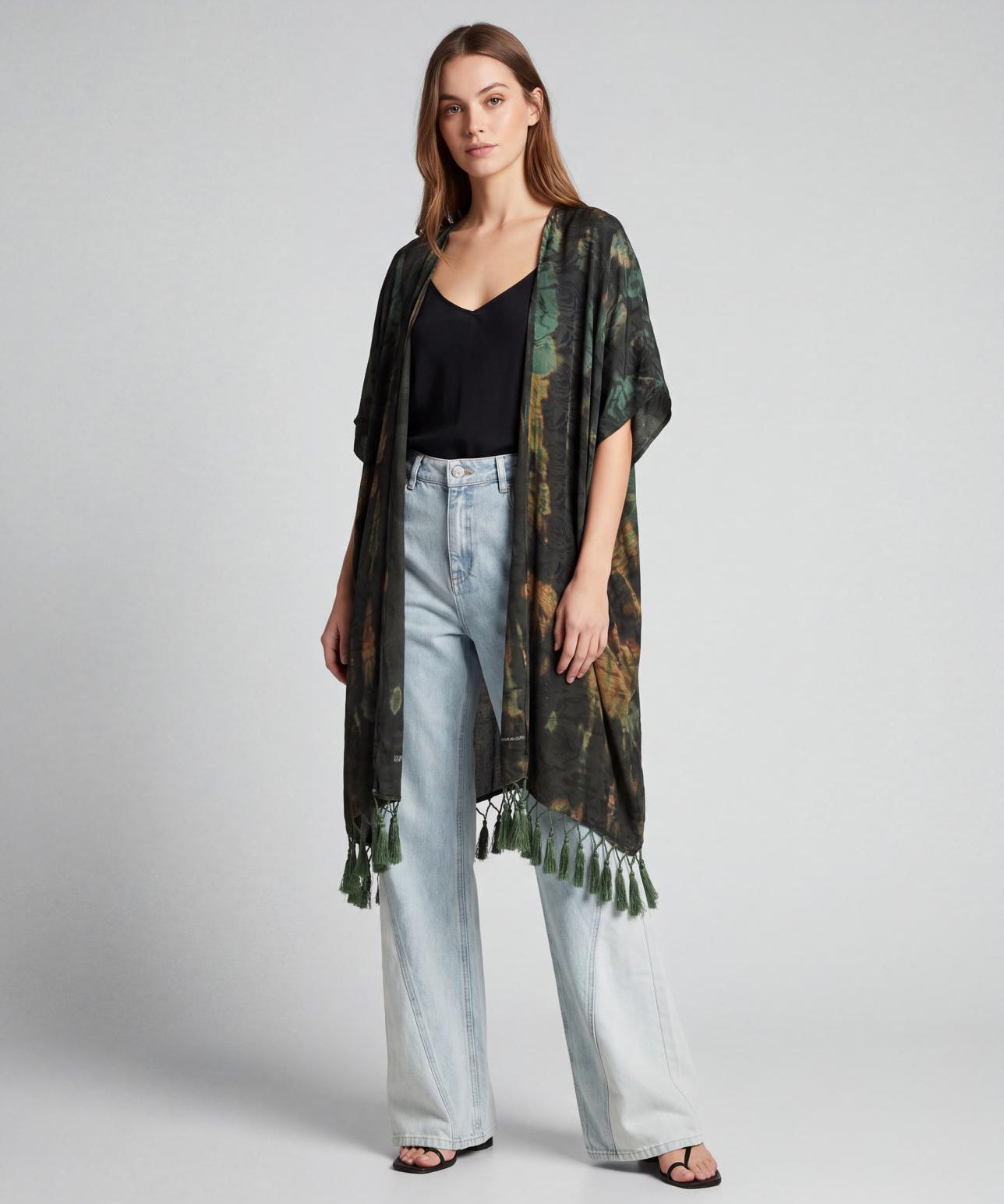 Cofur Silk Pompom Fringe Kimono – Khaki & Rust – front view