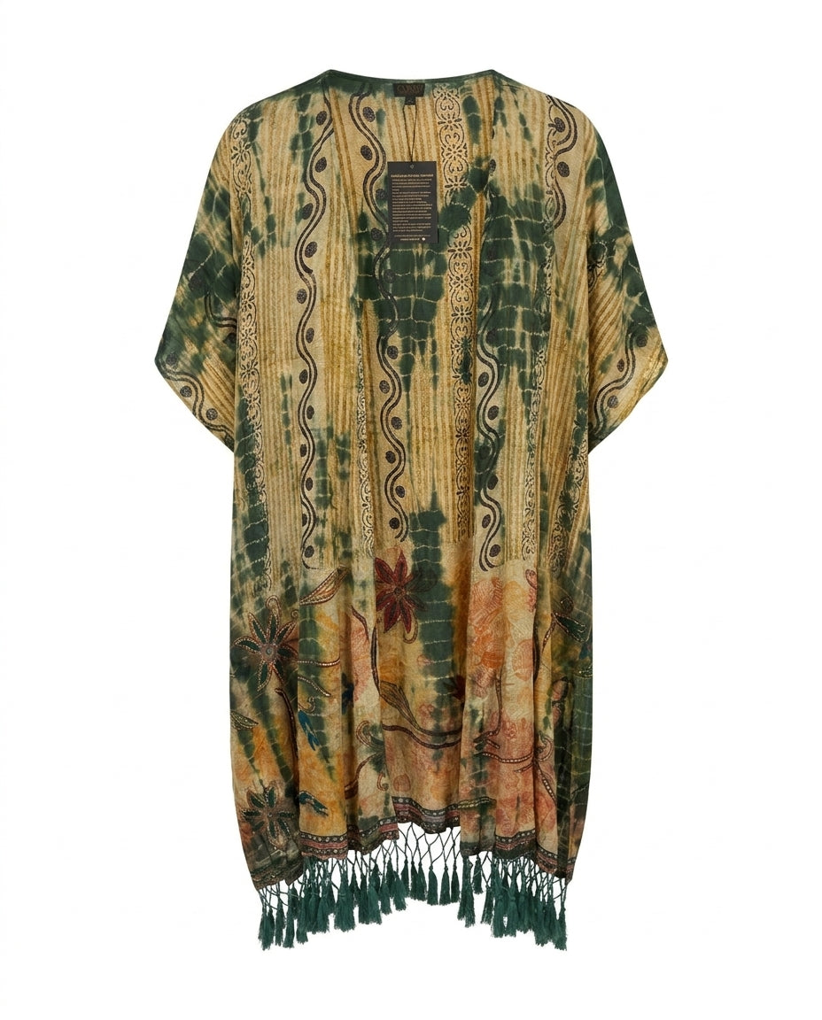 Cofur Silk Pompom Fringe Kimono – Sand & Green – front view