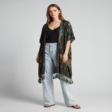 Cofur Silk Pompom Poncho – Khaki & Rust