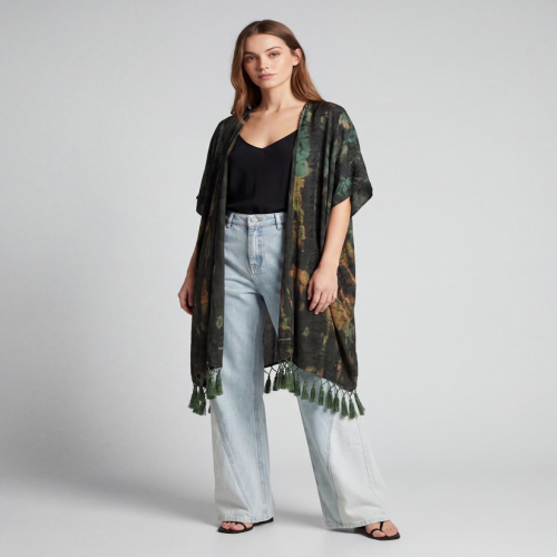 Cofur Silk Pompom Poncho – Khaki & Rust