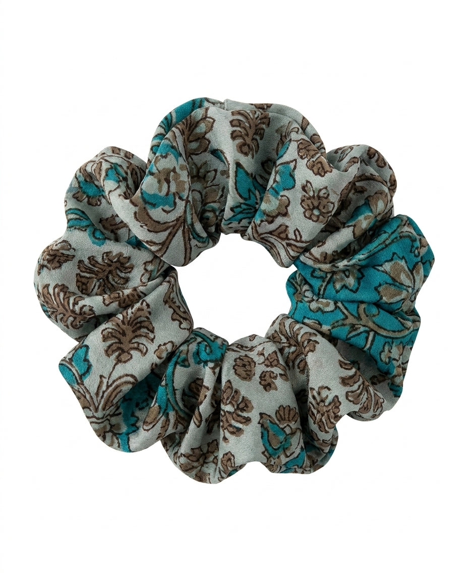 Cofur Silk Scrunchie – Sage & Turquoise – front view
