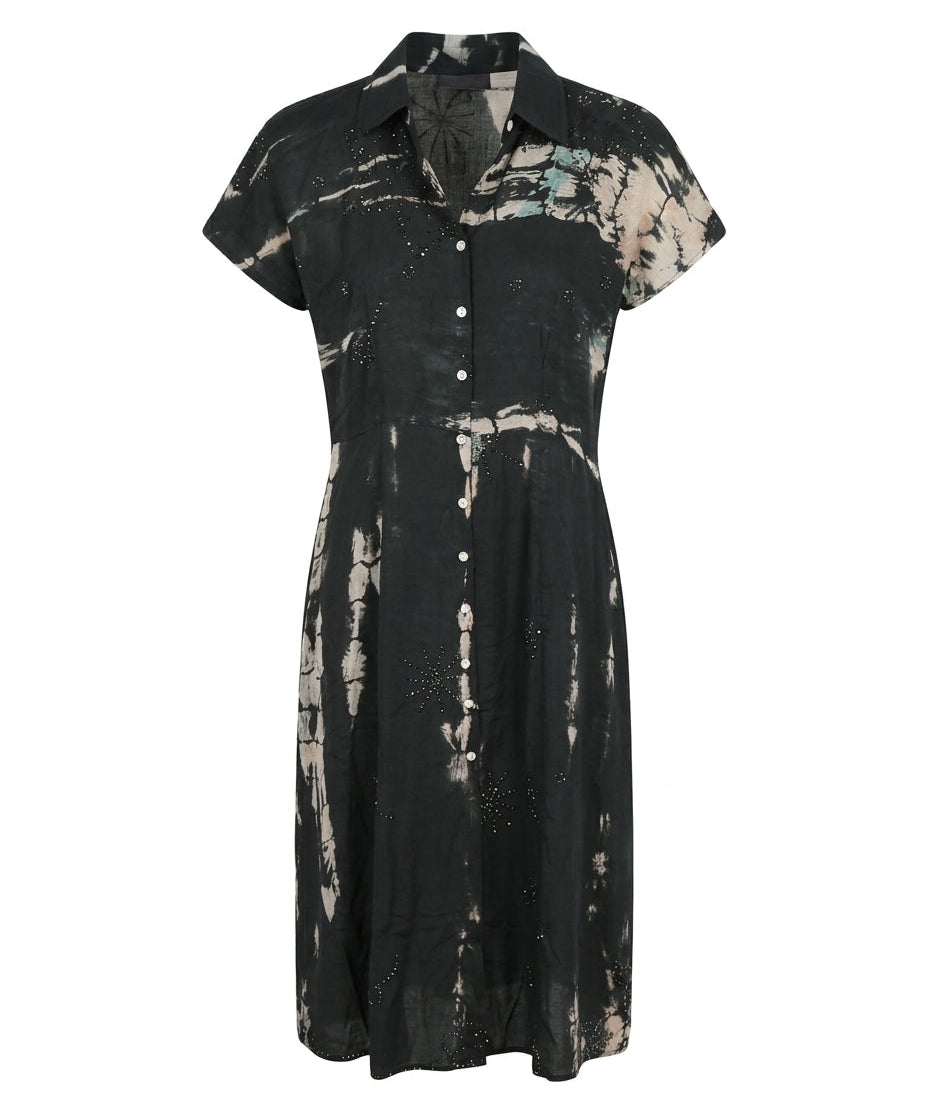 Cofur Silk Shirt Dress – Black & Ecru – front view
