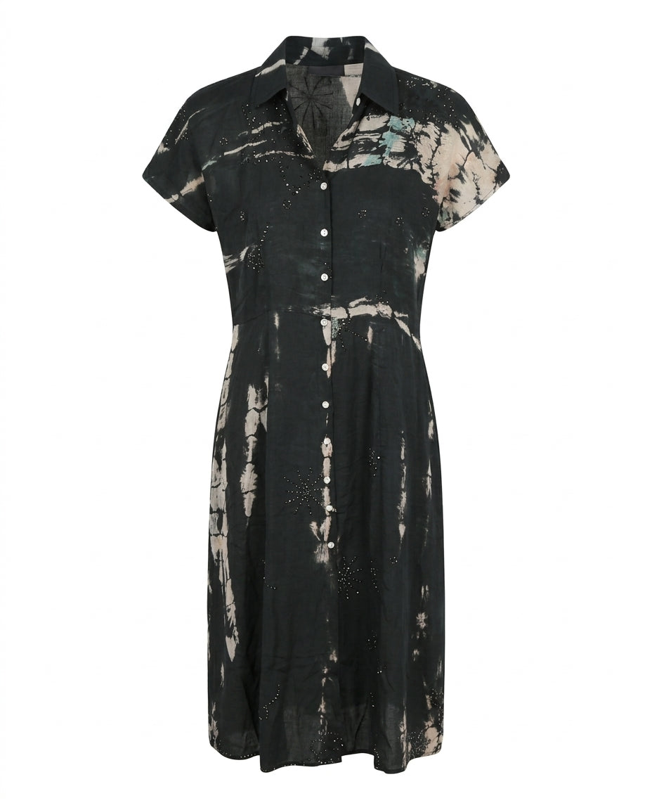 Cofur Silk Shirt Dress – Black & Ecru – front view