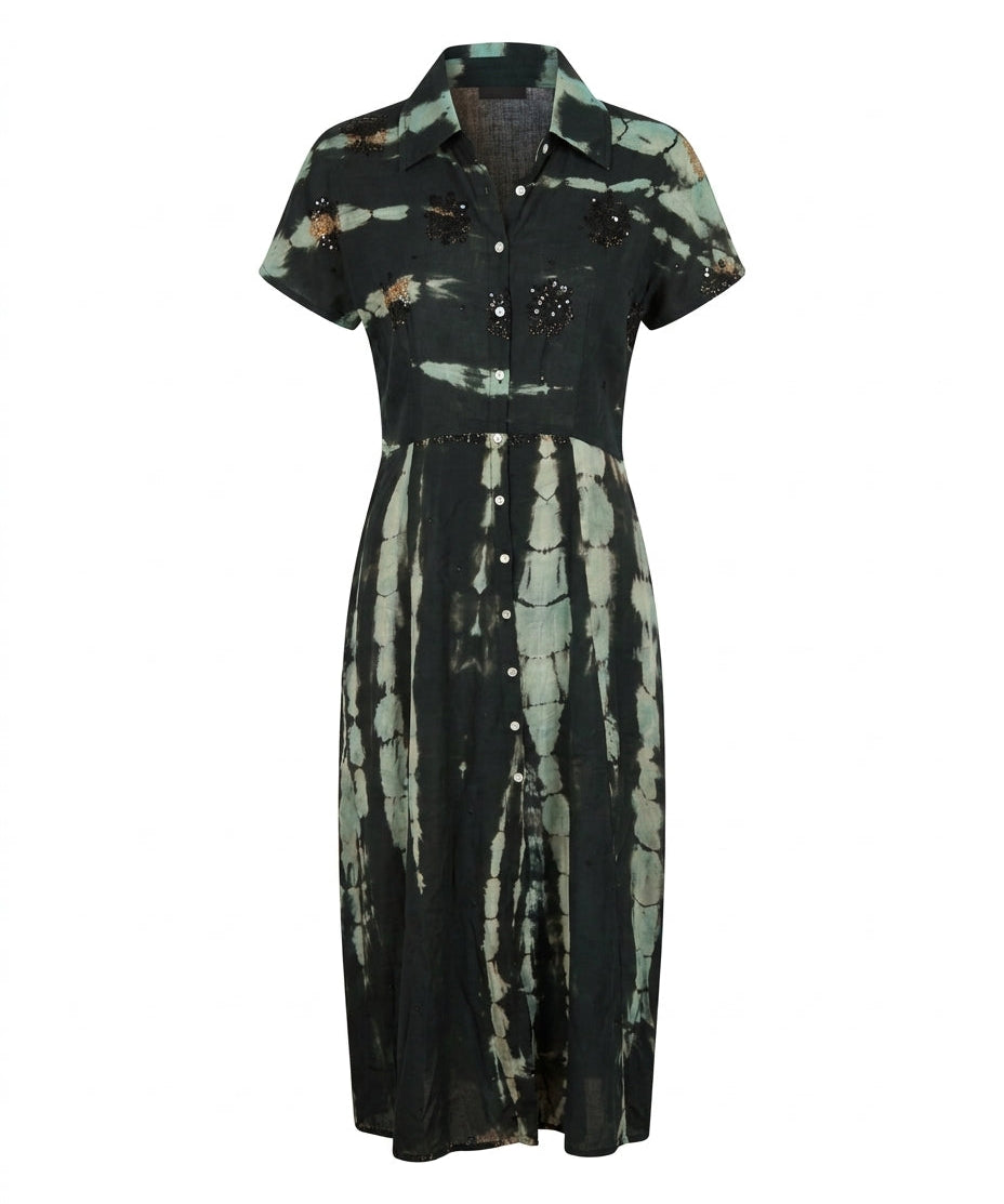 Cofur Silk Shirt Dress – Black & Mint – front view