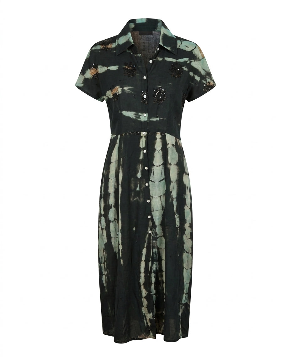 Cofur Silk Shirt Dress – Black & Mint – front view