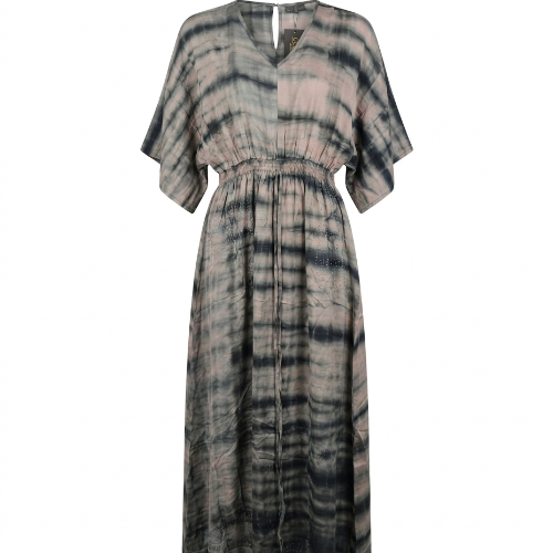 COFUR long V-neck dress in grey and black tie-dye with wide short sleeves, made from an upcycled vintage sari