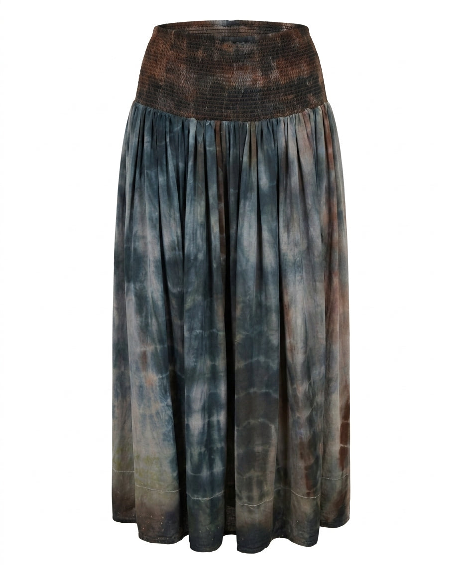 Cofur 'Vienna' Long Sari Silk Skirt – Storm Blue & Brown – front view