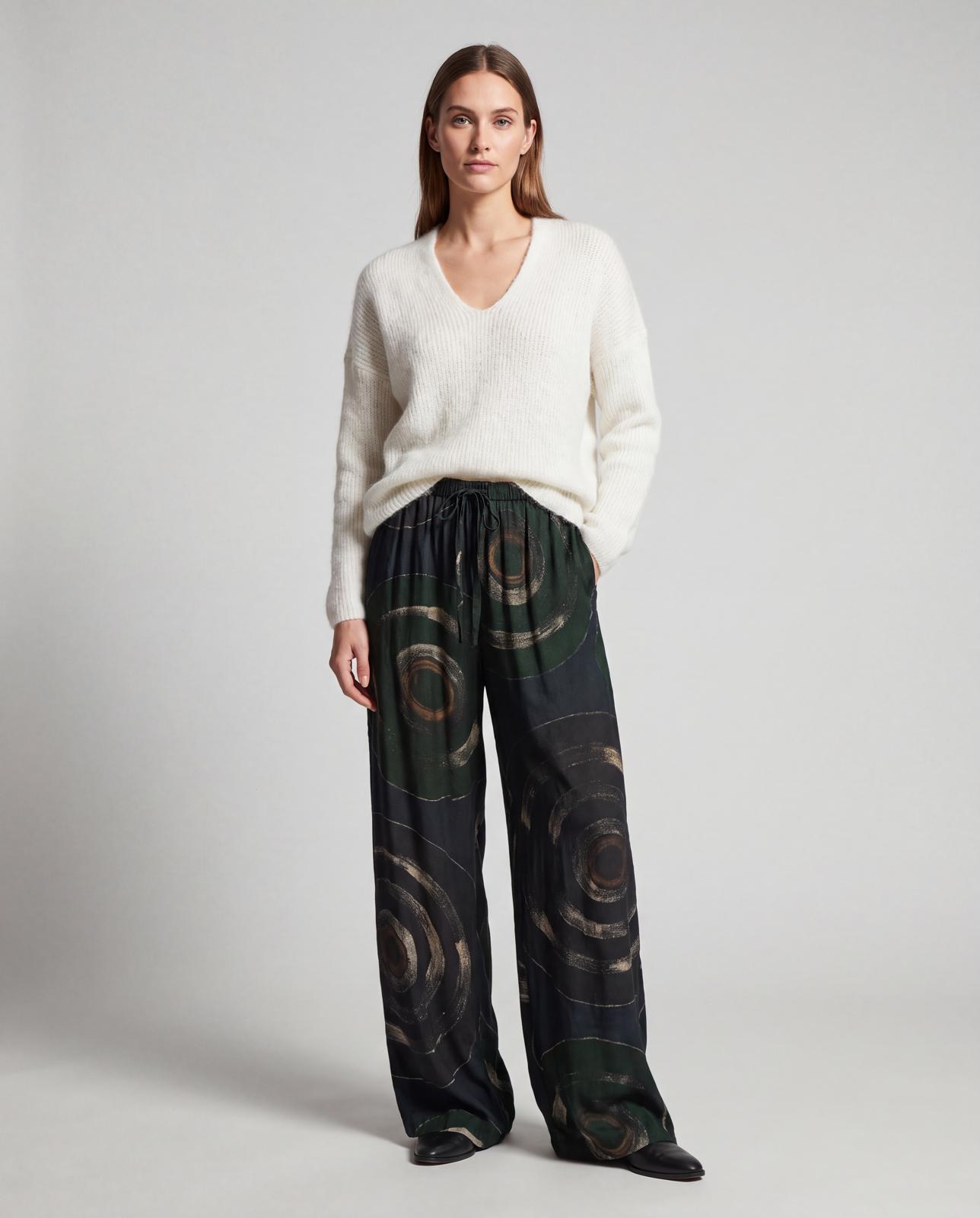 Cofur Wide-Leg Silk Trousers – Black & Green – front view