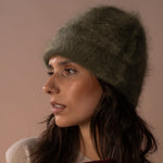 COLORUSH Byron beanie in Kiwi, three-quarter close-up of the fluffy knit