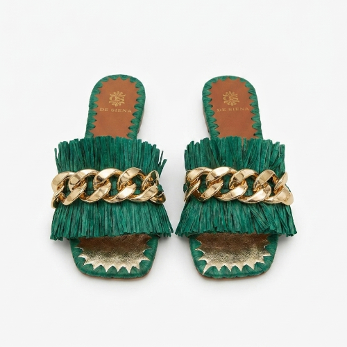 De Siena Saffia flat slide sandals in dark green with a fringed strap and chunky gold-tone chain