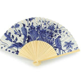Delft Blue Hand Fan – Dutch Porcelain Bird — bamboo folding fan with printed fabric, unfolded, with gift box