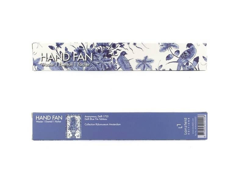 Delft Blue Hand Fan – Dutch Porcelain Bird — bamboo folding fan with printed fabric, view 2
