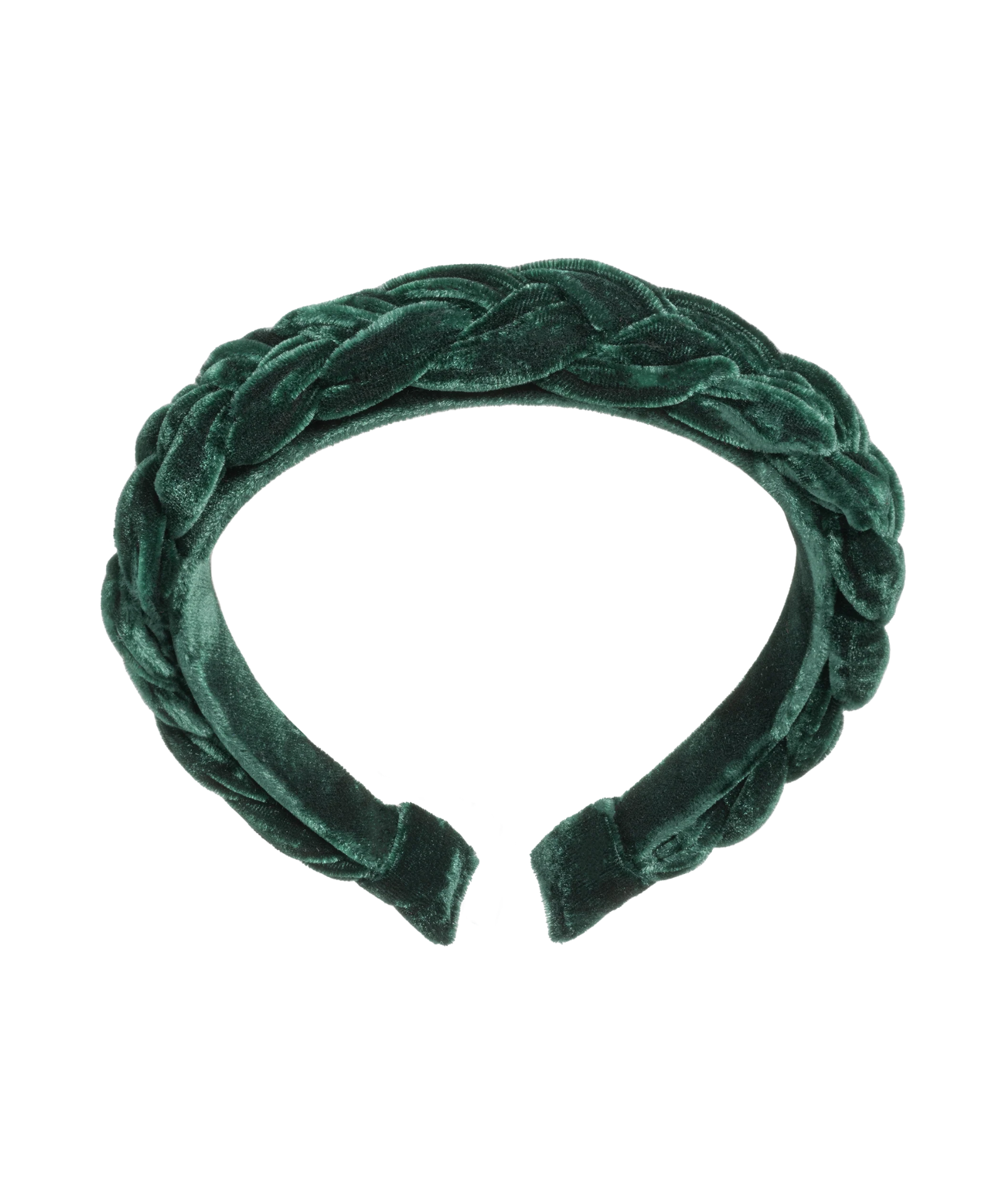 Emerald green braided silk velvet headband with softly structured padded shape.