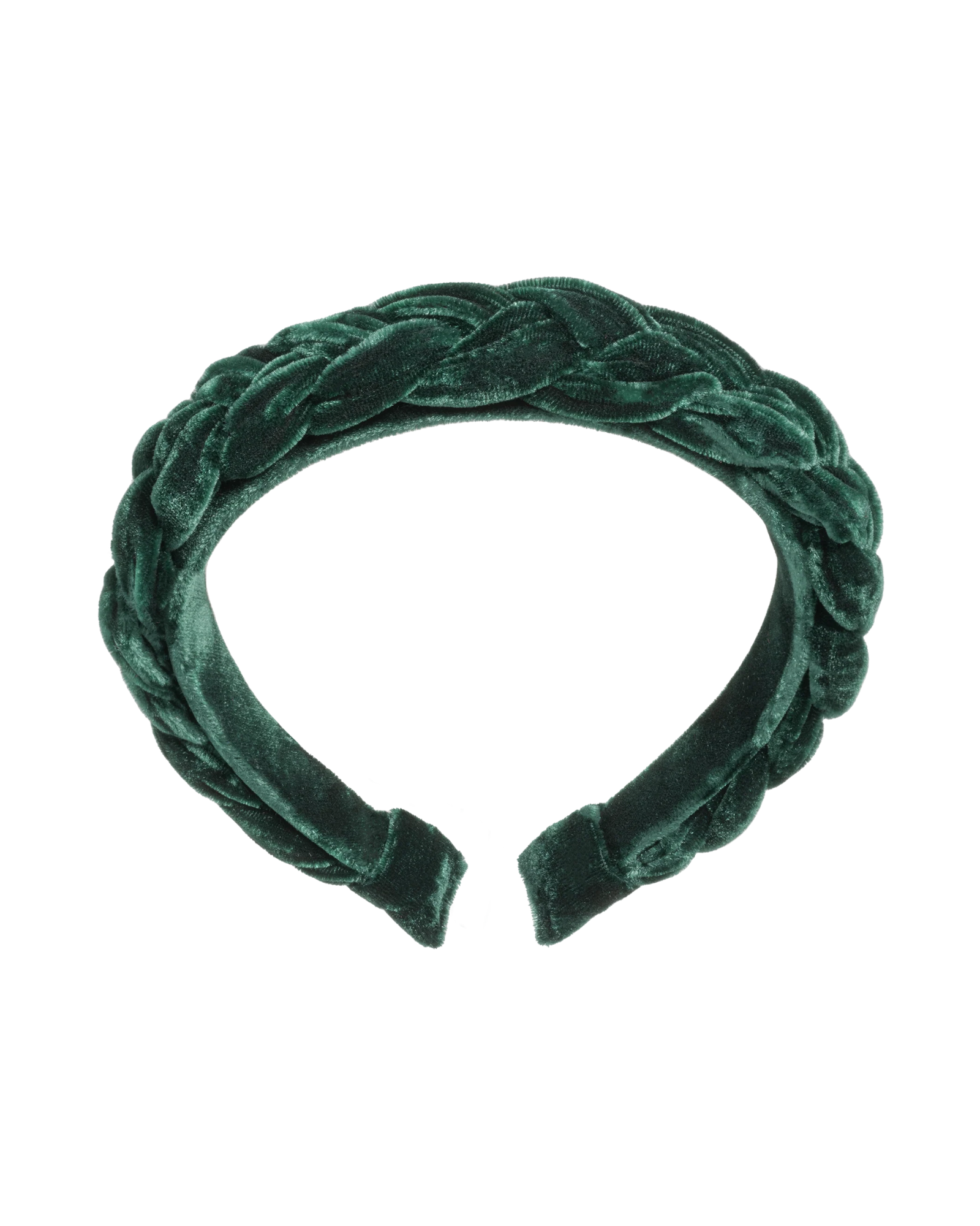 Emerald green braided silk velvet headband with softly structured padded shape.
