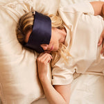 Emily's Pillow midnight blue silk headband sleep mask worn in bed