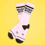 Gumball Poodle Birthday Bitch gym crew socks, styled on the feet